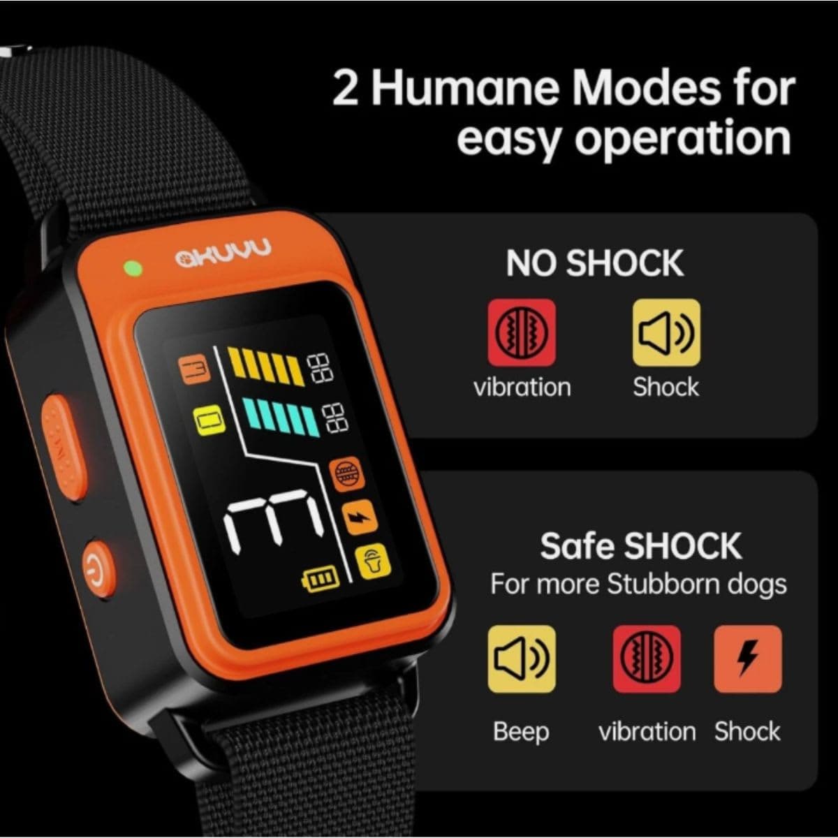 Akuvu Dog Bark Collar,Rechargeable Smart Barking Collar, Anti Bark Training Collar with Adjustable Sensitivity Beep Vibration Shock, Bark Shock Collar for Small Large Medium Dogs (Orange) thumbnail 3