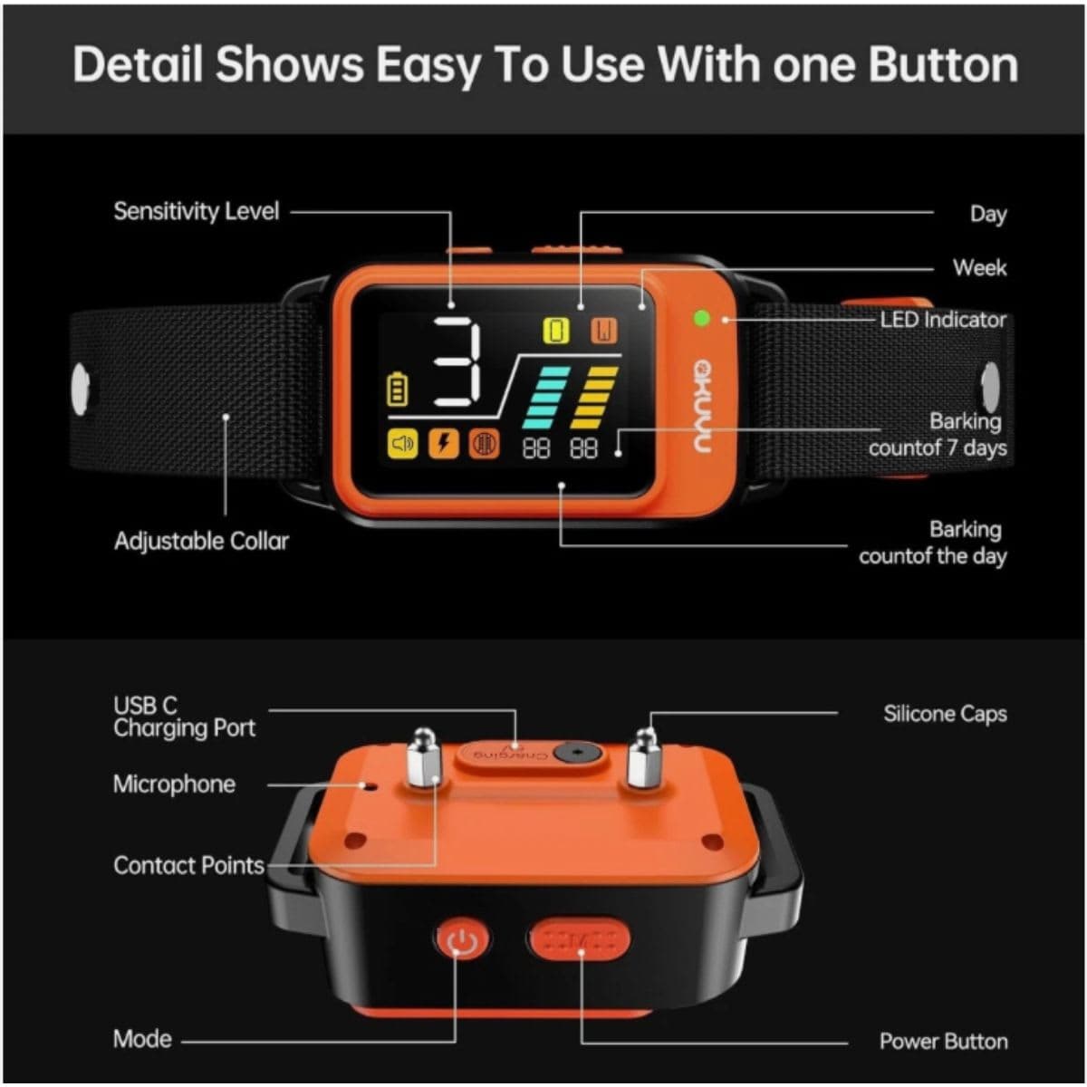 Akuvu Dog Bark Collar,Rechargeable Smart Barking Collar, Anti Bark Training Collar with Adjustable Sensitivity Beep Vibration Shock, Bark Shock Collar for Small Large Medium Dogs (Orange) thumbnail 4