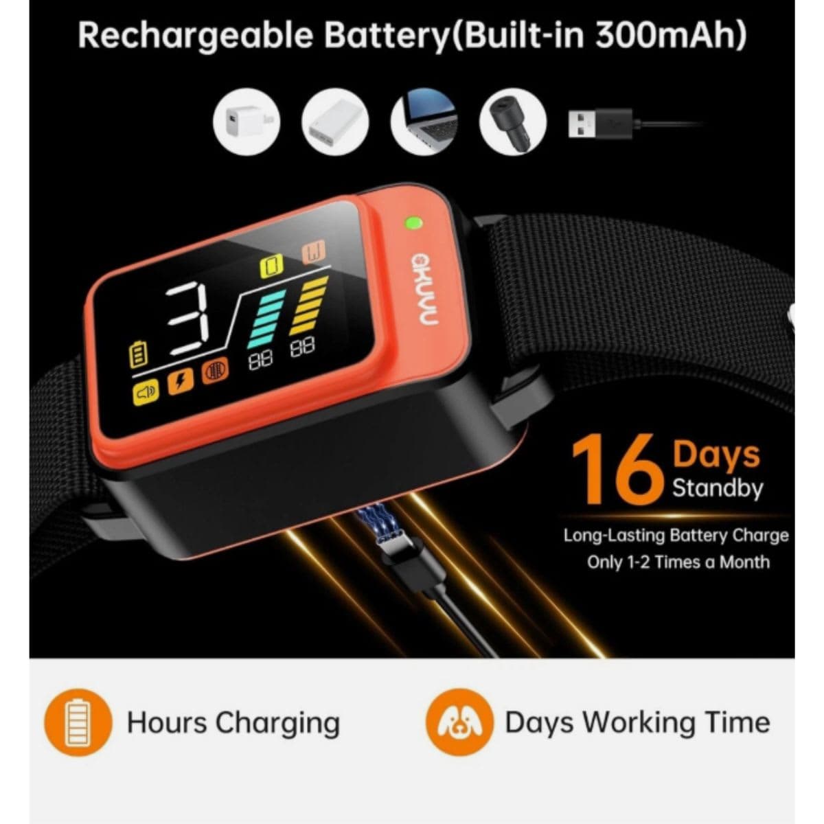 Akuvu Dog Bark Collar,Rechargeable Smart Barking Collar, Anti Bark Training Collar with Adjustable Sensitivity Beep Vibration Shock, Bark Shock Collar for Small Large Medium Dogs (Orange) thumbnail 7