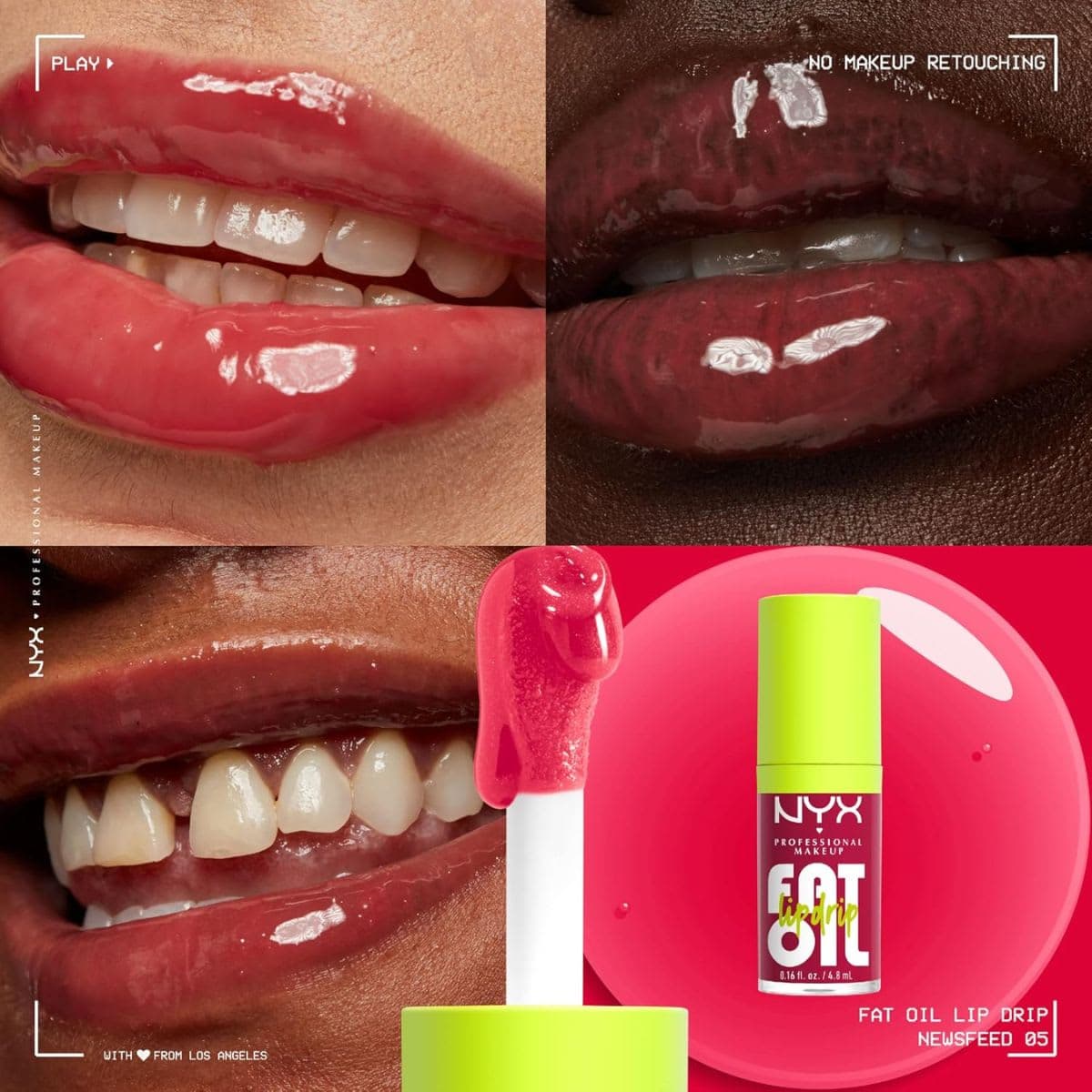 NYX Professional Makeup Lip Gloss, High Shine, Non-Sticky FInish, 12 Hours Hydrating, Fat Applicator, With Squalane, Raspberry and Cloudberry Oils, Fat Oil Lip Drip, Shade: NEWSFEED (Cherry pink) thumbnail 2