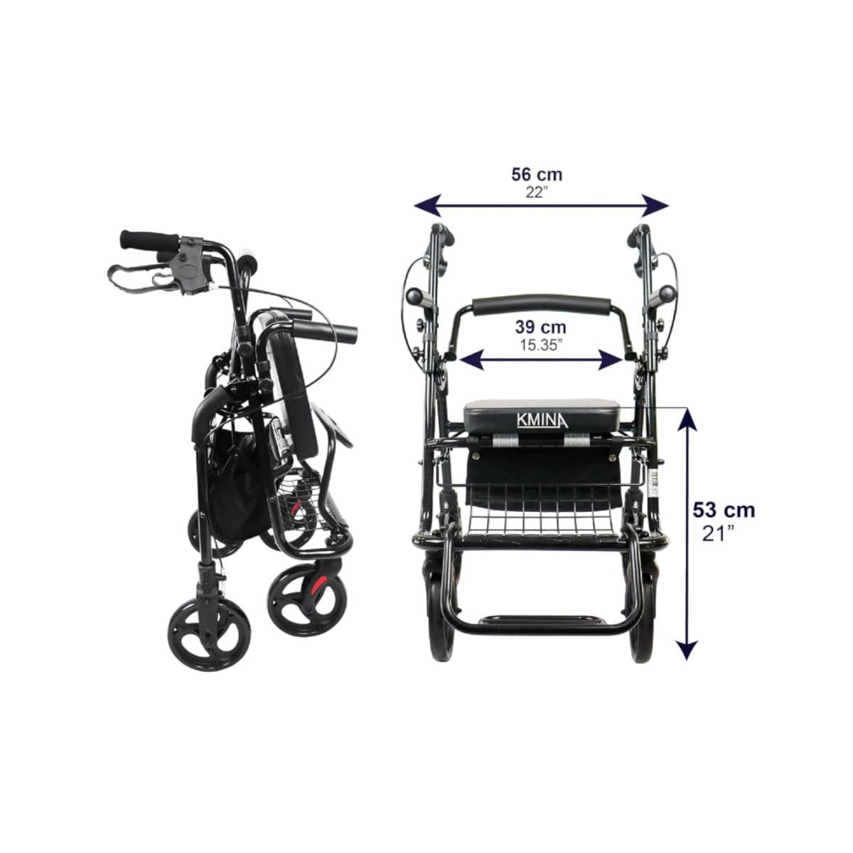 Folding Rollator Walker - KMINA Black Adjustable Seat thumbnail 3