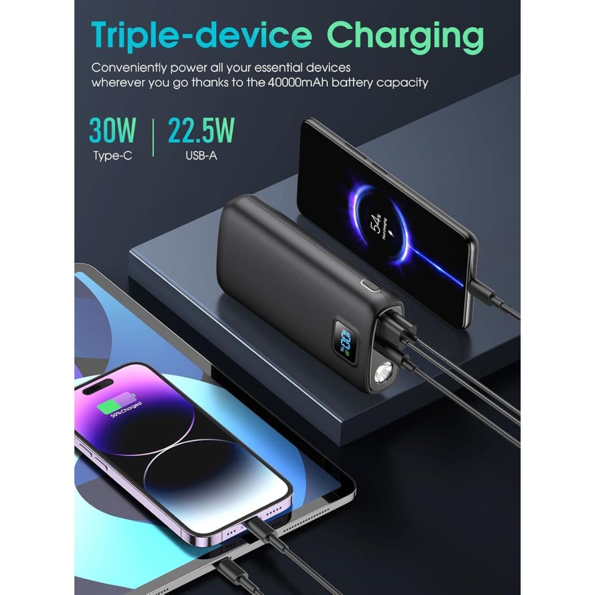 Portable Charger Power Bank 40000mAh Power Bank PD 30W and QC 4.0 Fast Charger Built-in Bright Flashlight LED Display 2 USB 1Type-C Output Compatible with iPhone Samsung Google iPad etc(Deep Black) thumbnail 2