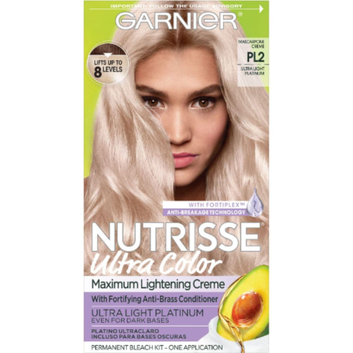 Garnier Nutrisse Ultra Color PL2 Ultra Light Platinum Hair Bleach, Permanent Nourishing Crème Hair Dye for Medium to Dark Hair, Lightens Up to 8 Levels, Infused with 5 Fruit Oils, Vegan Formula, 1 Kit