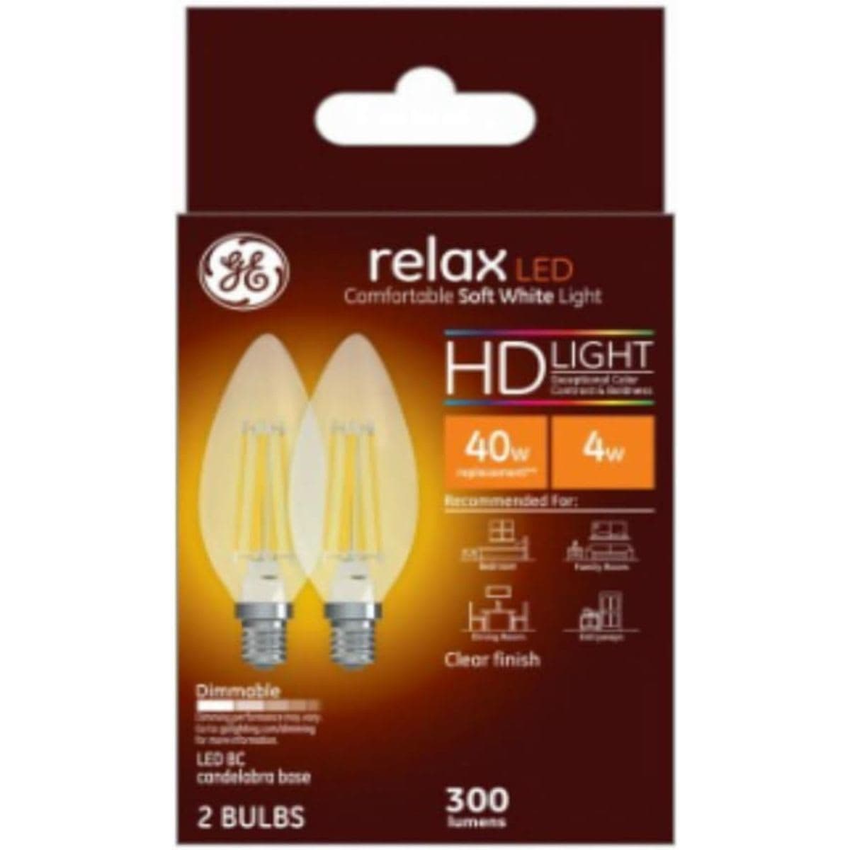 Relax Decorative HD LED Light Bulbs, Soft White, Clear, Candelabra Base, 300 Lumens, 4-Watts, 2-Pk. -31740