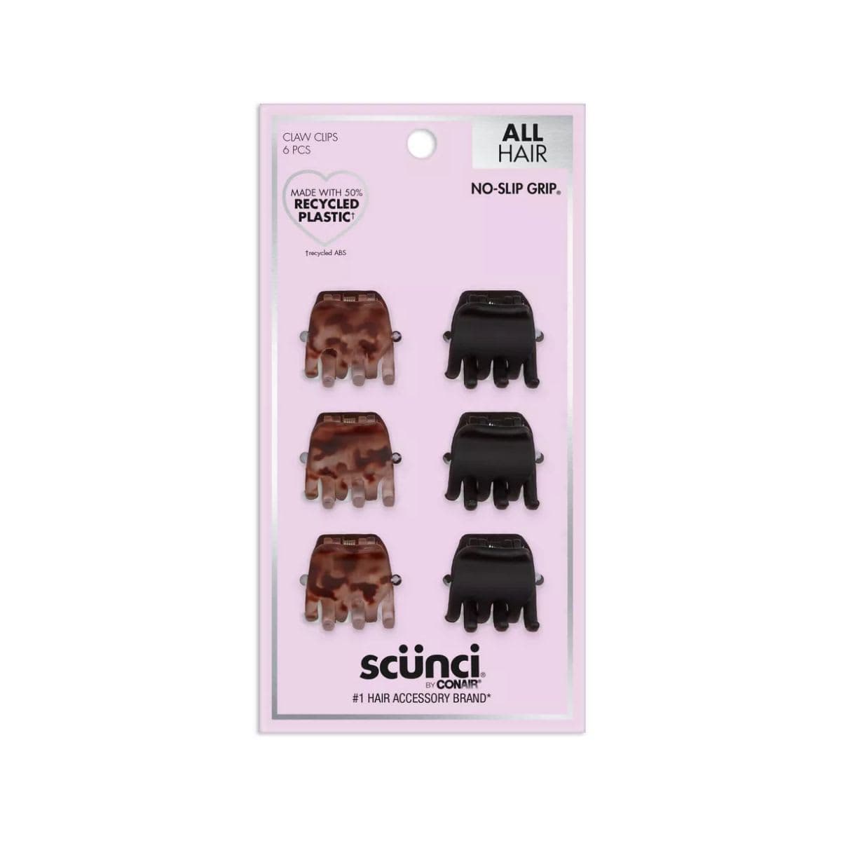 scunci No-Slip Grip Mini Claw Clips - Matte Tortoise/Black - All Hair - 6pcs