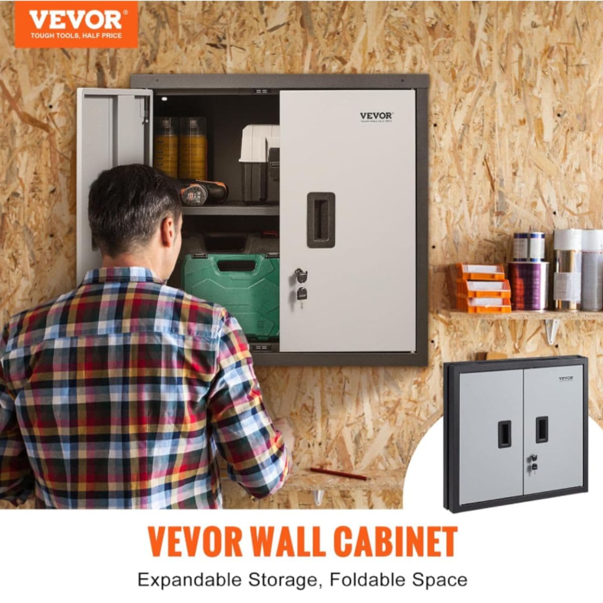 VEVOR Folding Wall Cabinet, 26" Metal Garage Locker Mounted, 240lbs Small Tool Chest, Adjustable Shelf, Magnetic Door for Warehouse, Office, Home (Black) thumbnail 4