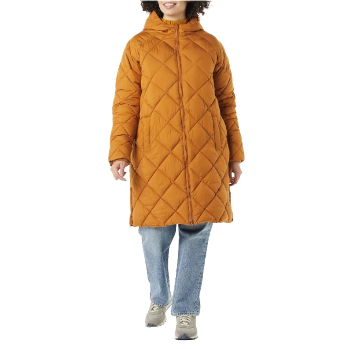 Essentials Women's Puffer Jacket, Heavyweight Diamond Quilted Knee Length Winter Coat, Tan, Large thumbnail 3
