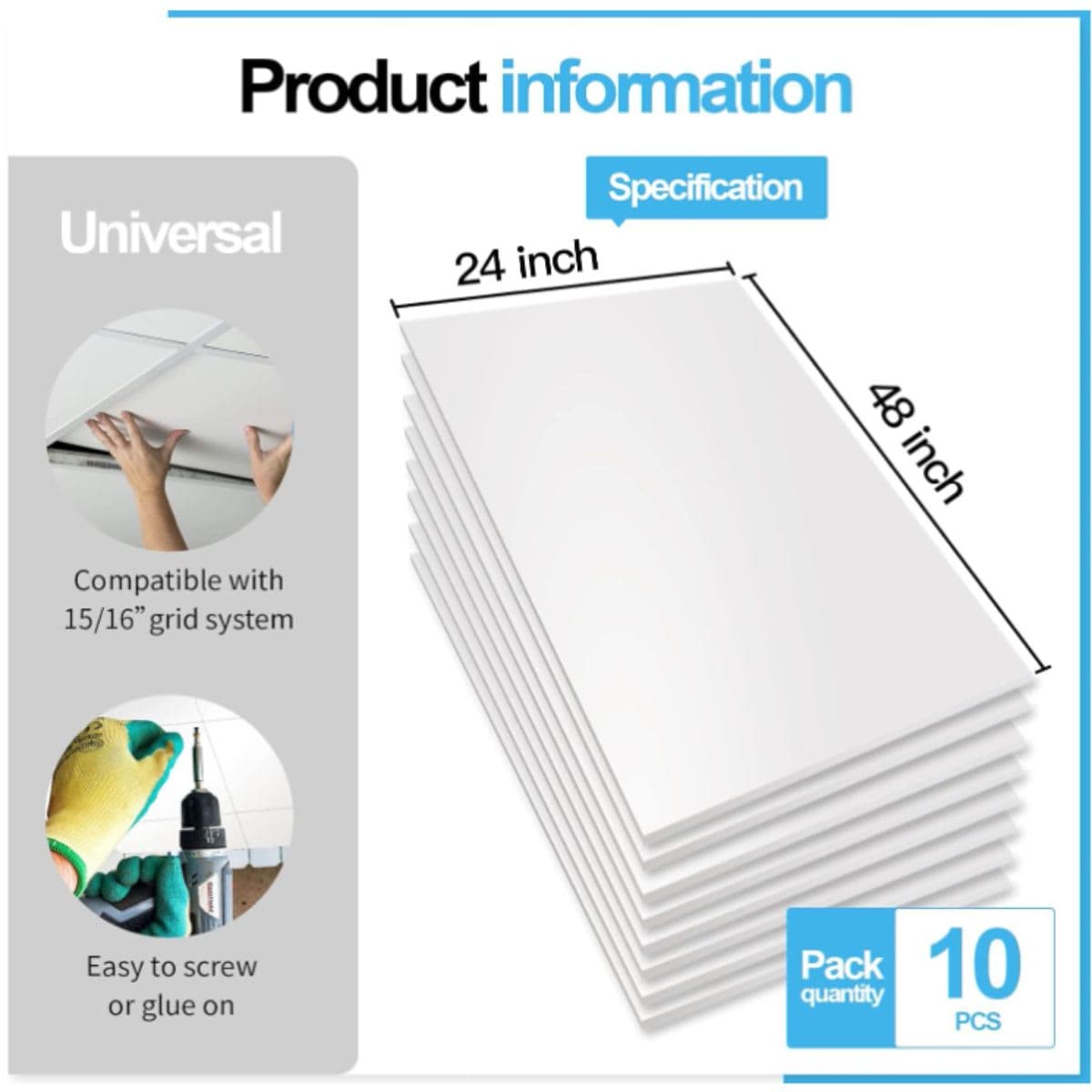 Art3d 10-Pack Smooth Drop Ceiling Tile 2ft x 4ft in White, PVC Ceiling Panel 24 x 48in. thumbnail 4