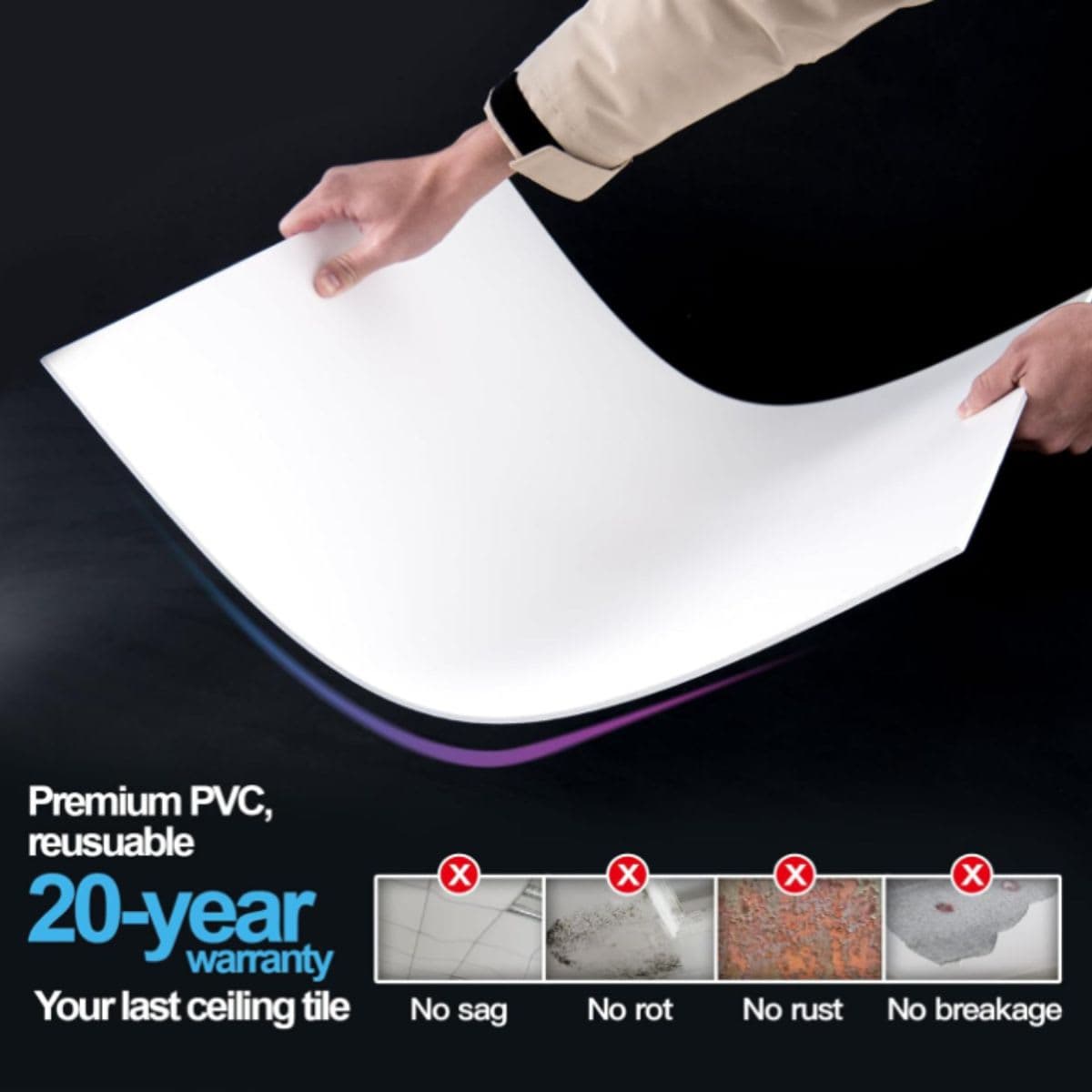 Art3d 10-Pack Smooth Drop Ceiling Tile 2ft x 4ft in White, PVC Ceiling Panel 24 x 48in. thumbnail 5