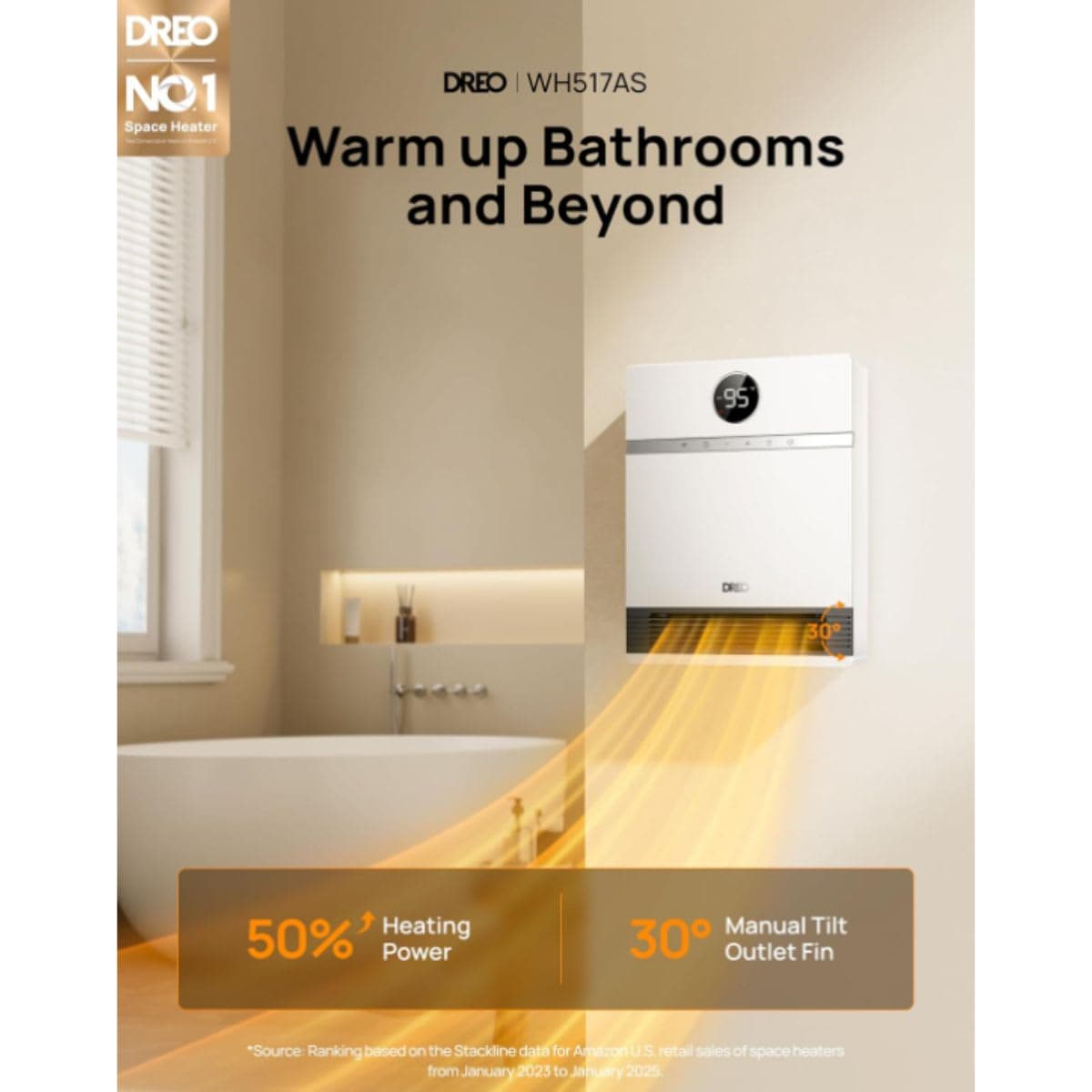 Dreo Smart Wall Heater, IP24 Electric Space Heater with ALCI Plug for Indoor Use, 30degree Oscillation, Adjustable Thermostat, Remote Control, Works with Alexa, 24H Timer, Easy-mounted Heater for Bathroom thumbnail 2