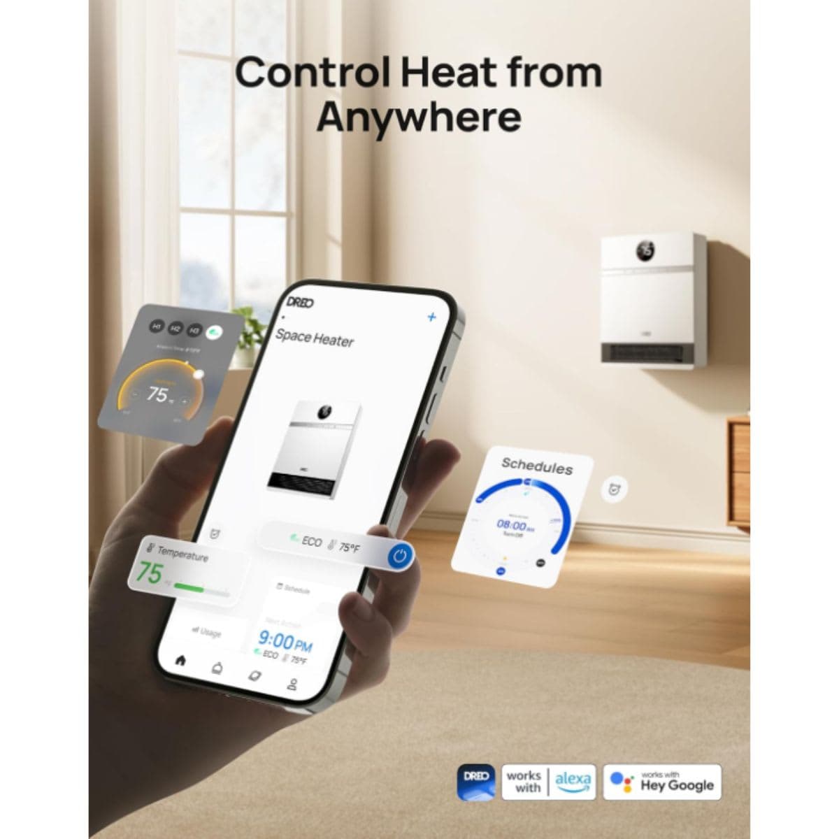 Dreo Smart Wall Heater, IP24 Electric Space Heater with ALCI Plug for Indoor Use, 30degree Oscillation, Adjustable Thermostat, Remote Control, Works with Alexa, 24H Timer, Easy-mounted Heater for Bathroom thumbnail 4