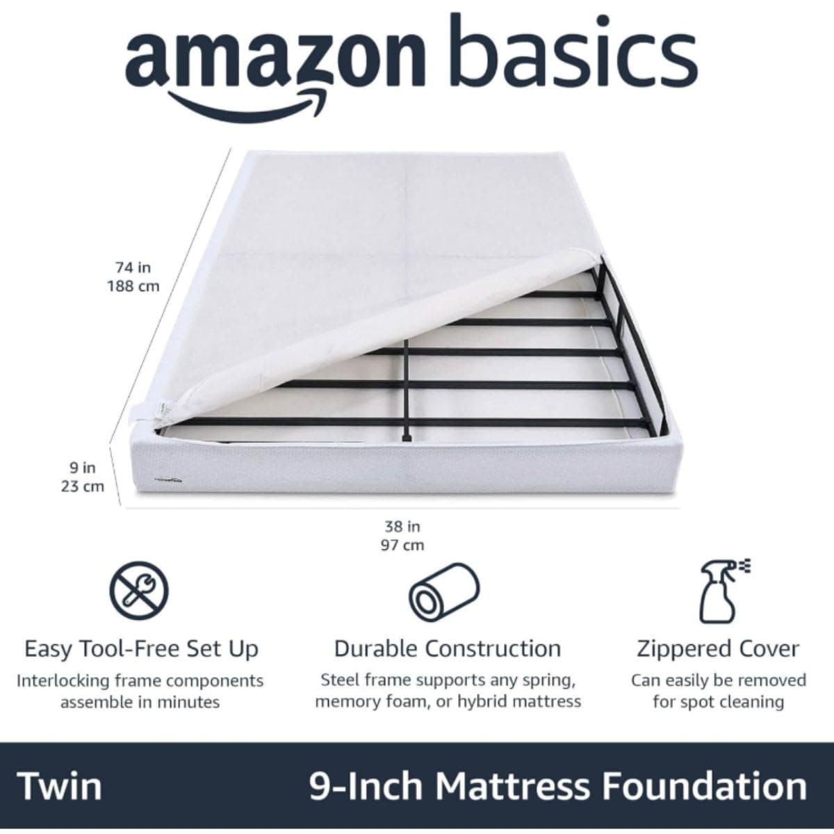 Basics Smart Box Spring Bed Base, 9-Inch Height Mattress Foundation, Tool-Free Easy Assembly, Twin, 74"L x 38"W x 9"H, White thumbnail 2