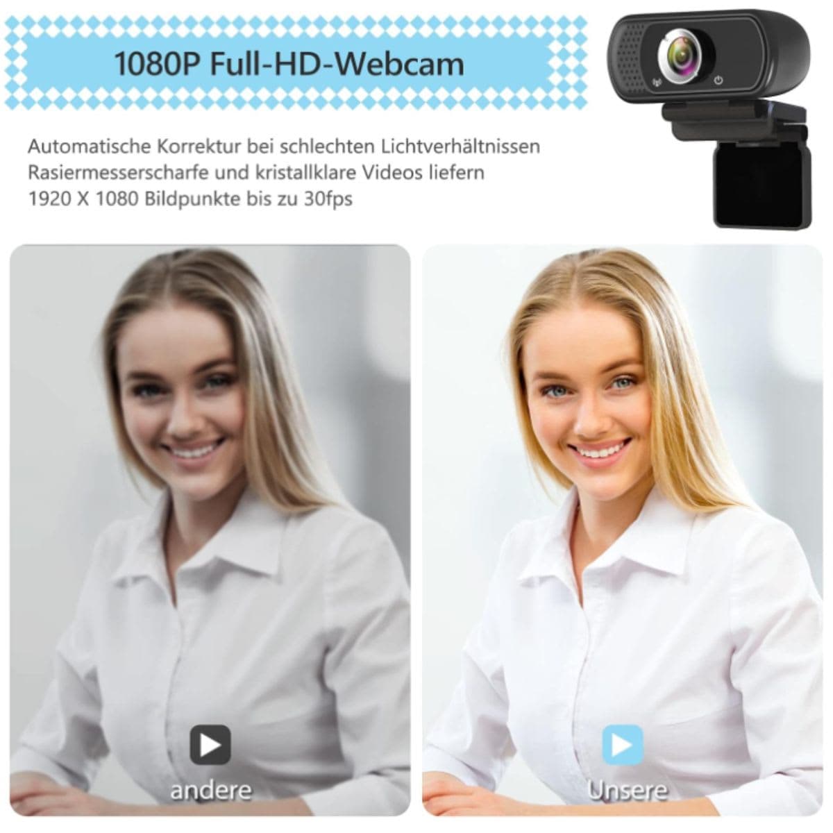 Webcam HD 1080p Web Camera, USB PC Computer Webcam with Microphone, Laptop Desktop Full HD Camera Video Webcam 110 Degree Widescreen, Pro Streaming Webcam for Recording, Calling, Conferencing, Gaming thumbnail 2
