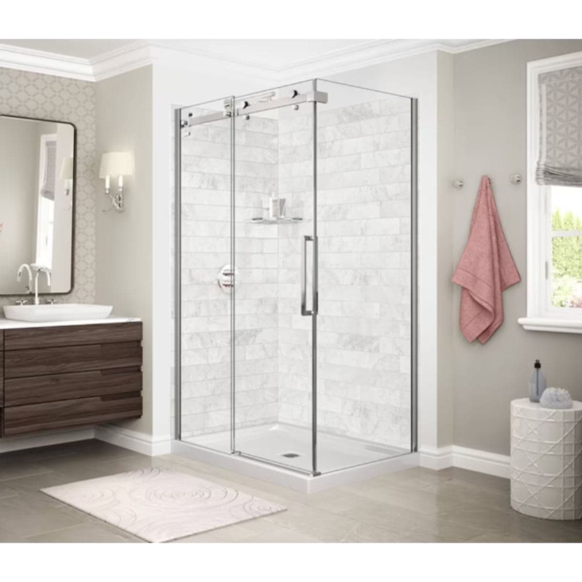 MAAX Utile 48L x 32W x 84H in. 3-in-1 Corner Shower Kit - Shower Stall Enclosure with Centre Drain Base, Wall, and Glass Shower Door in Chrome thumbnail 2