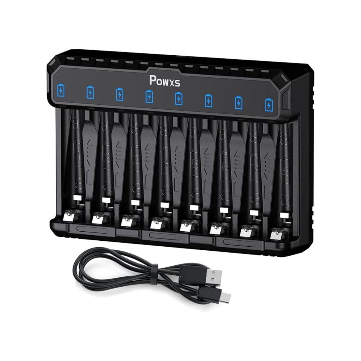 POWXS AA AAA Battery Charger Pro, 8 Independent Slot and Type-C Fast Charging for AA AAA NiMH NiCD Lithium Rechargeable Batteries