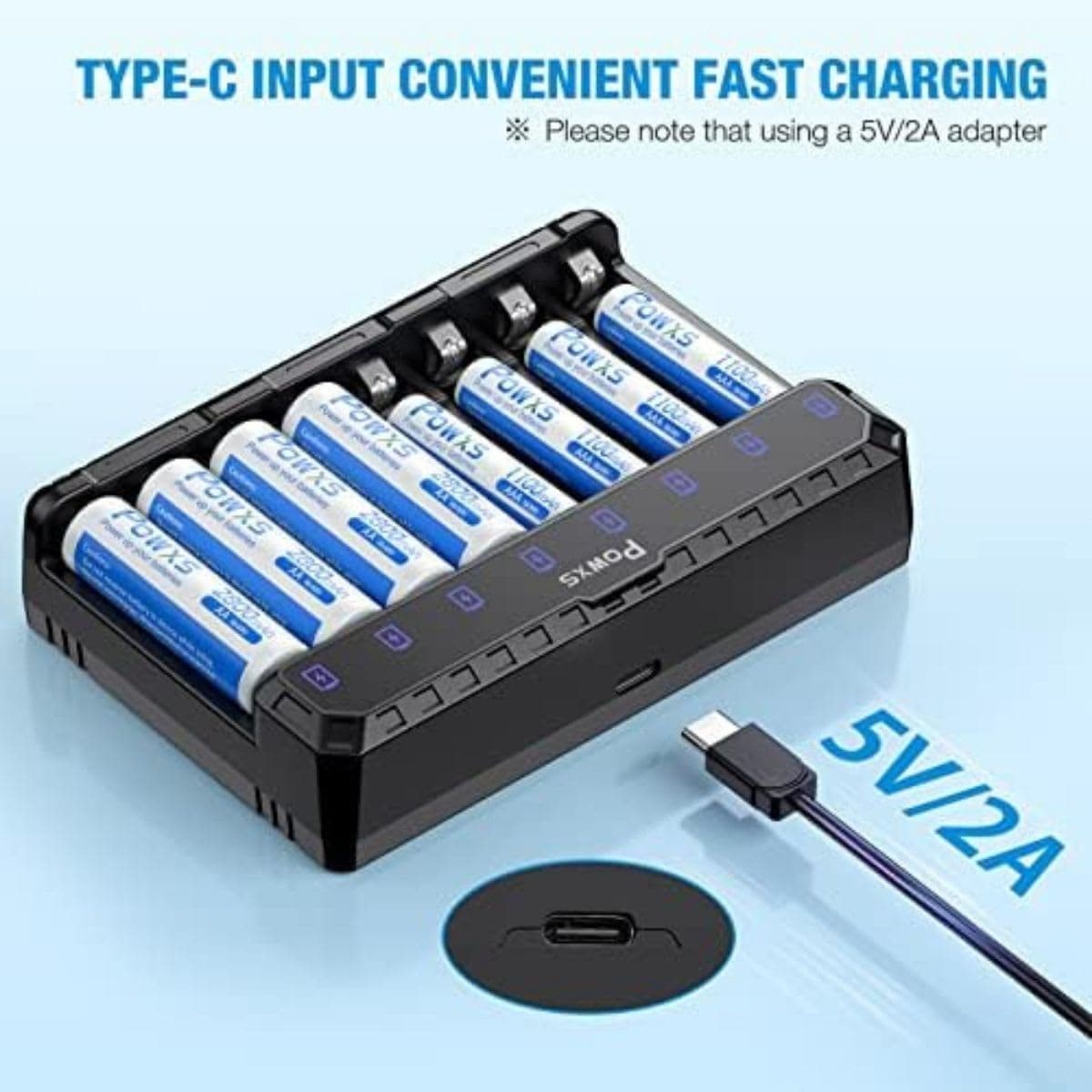 POWXS AA AAA Battery Charger Pro, 8 Independent Slot and Type-C Fast Charging for AA AAA NiMH NiCD Lithium Rechargeable Batteries thumbnail 4