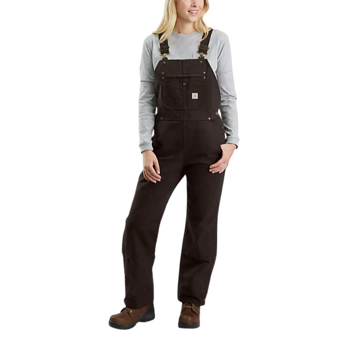 Carhartt Women's Petite Quilt Lined Washed Duck Bib Overall Pants, -Dark Brown, Medium Short