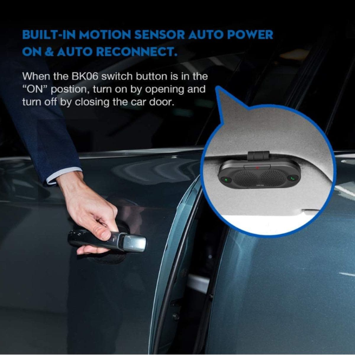 Besign BK06 Bluetooth 5.0 in Car Speakerphone with Visor Clip, Wireless Car Kit for Handsfree Talking, Motion Auto On, Siri Google Assistant Support, Dual 2W Speakers thumbnail 3