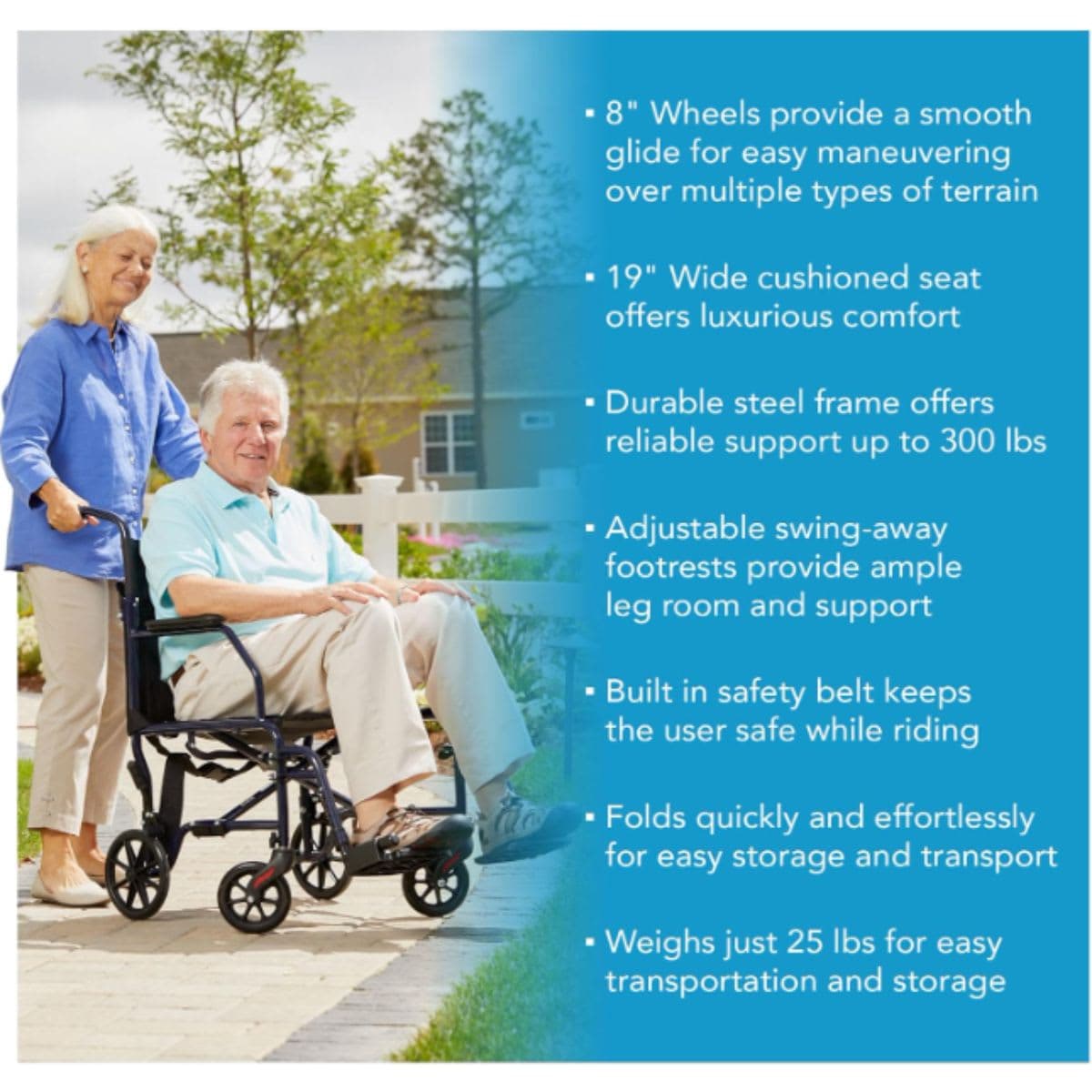 Carex Transport Wheelchair, Rolling Transport Wheelchair with 19-Inch Seat and Swing-away Footrest, Easy Folding for Compact Storage and Transportation, Supports up to 300 lbs with Padded Armrests and Seat Belt thumbnail 3
