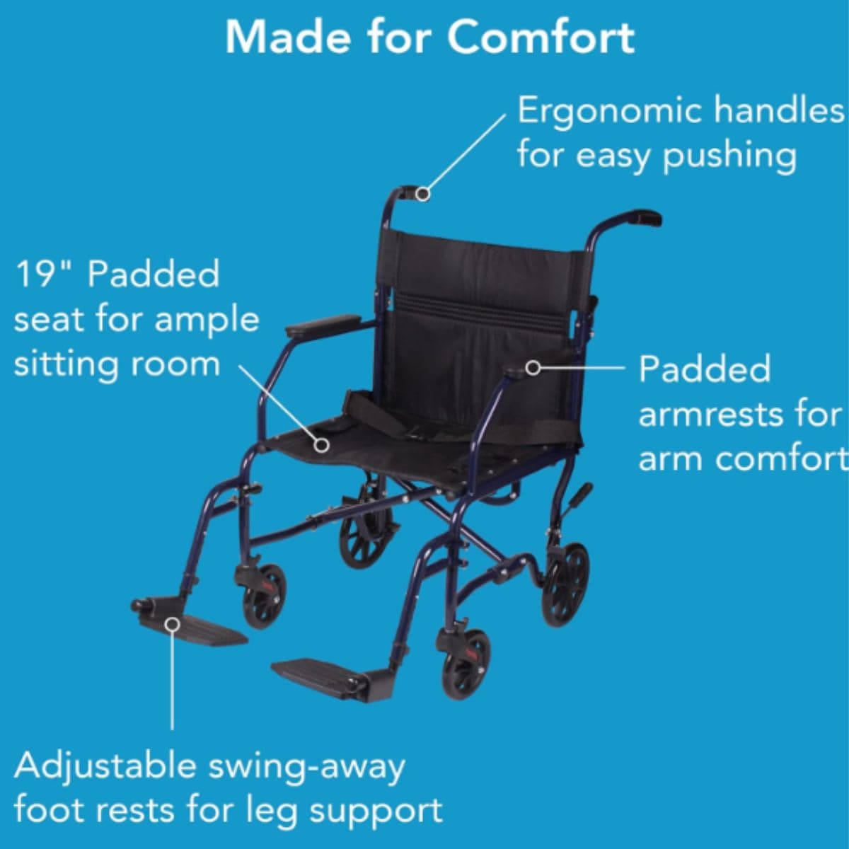 Carex Transport Wheelchair, Rolling Transport Wheelchair with 19-Inch Seat and Swing-away Footrest, Easy Folding for Compact Storage and Transportation, Supports up to 300 lbs with Padded Armrests and Seat Belt thumbnail 5