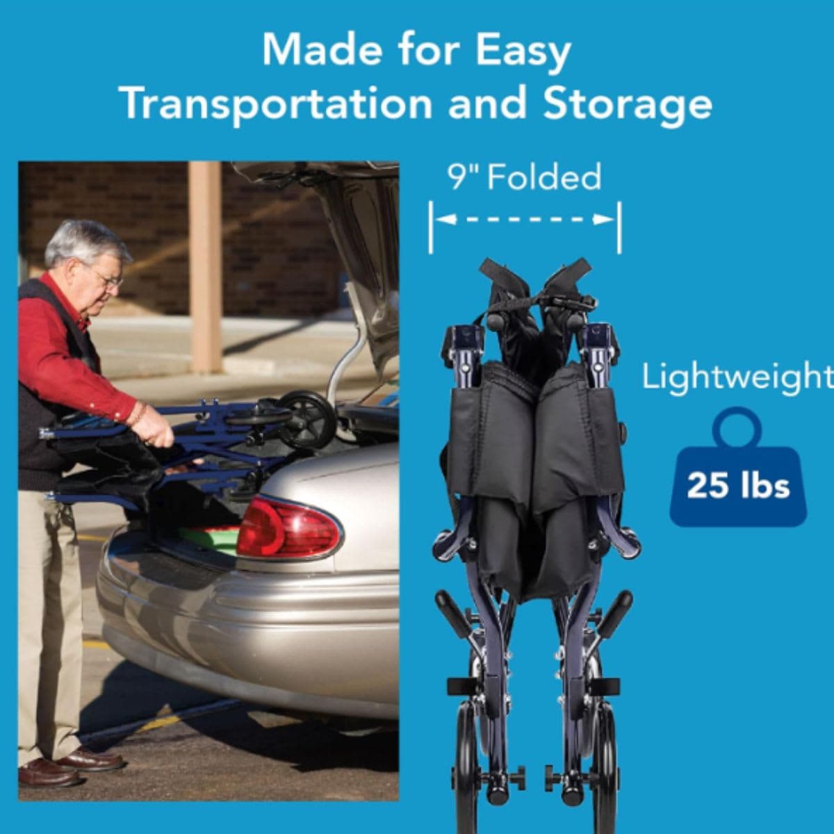 Carex Transport Wheelchair, Rolling Transport Wheelchair with 19-Inch Seat and Swing-away Footrest, Easy Folding for Compact Storage and Transportation, Supports up to 300 lbs with Padded Armrests and Seat Belt thumbnail 8