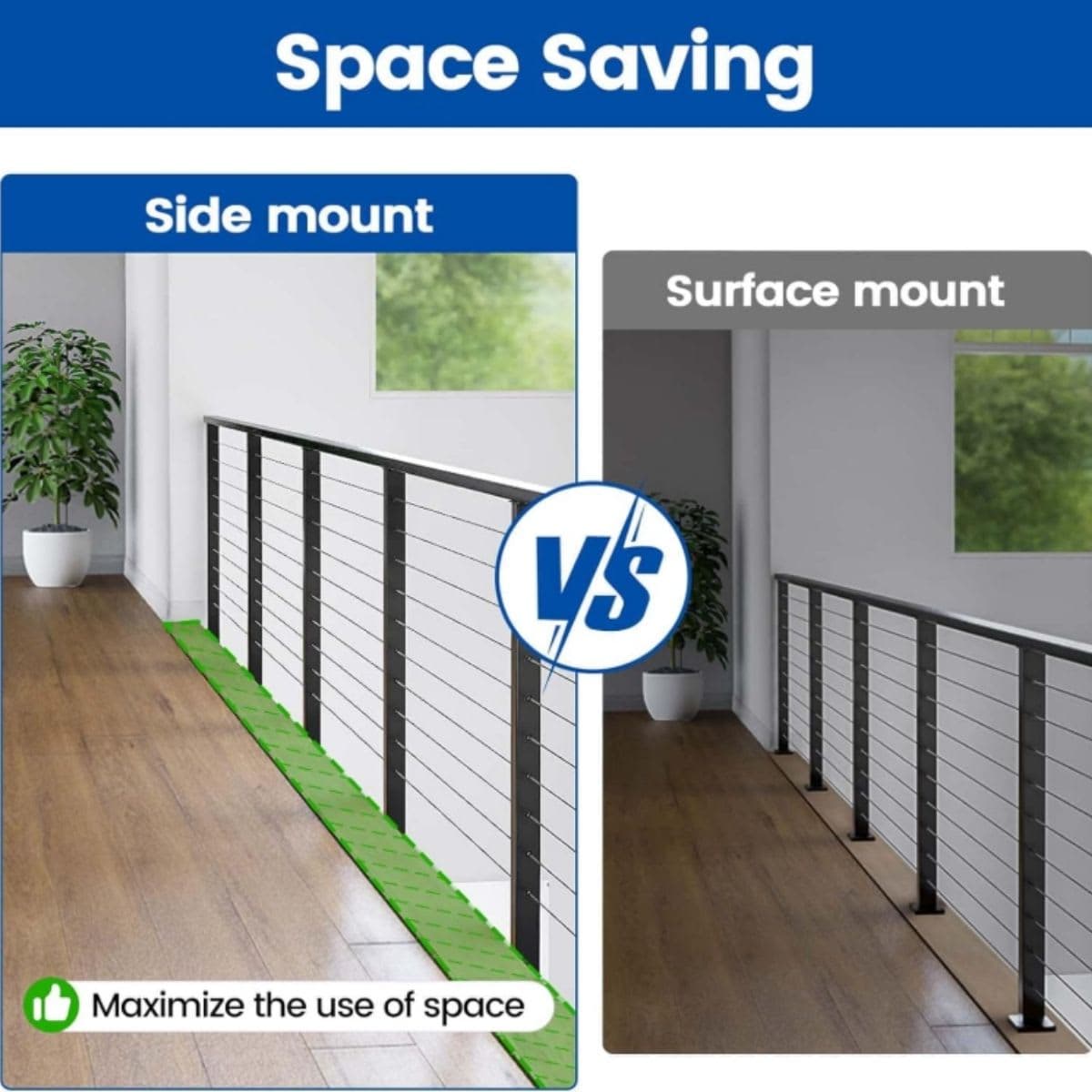 Muzata Level drilled Side Mount Post 36"x2"x2" Fixed Top Cable Railing Level Line Post Black Finish Stainless Steel Wood Concrete, PF02 BH4S thumbnail 3