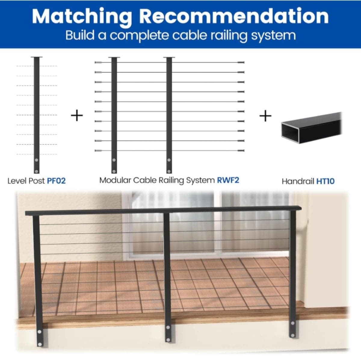 Muzata Level drilled Side Mount Post 36"x2"x2" Fixed Top Cable Railing Level Line Post Black Finish Stainless Steel Wood Concrete, PF02 BH4S thumbnail 4