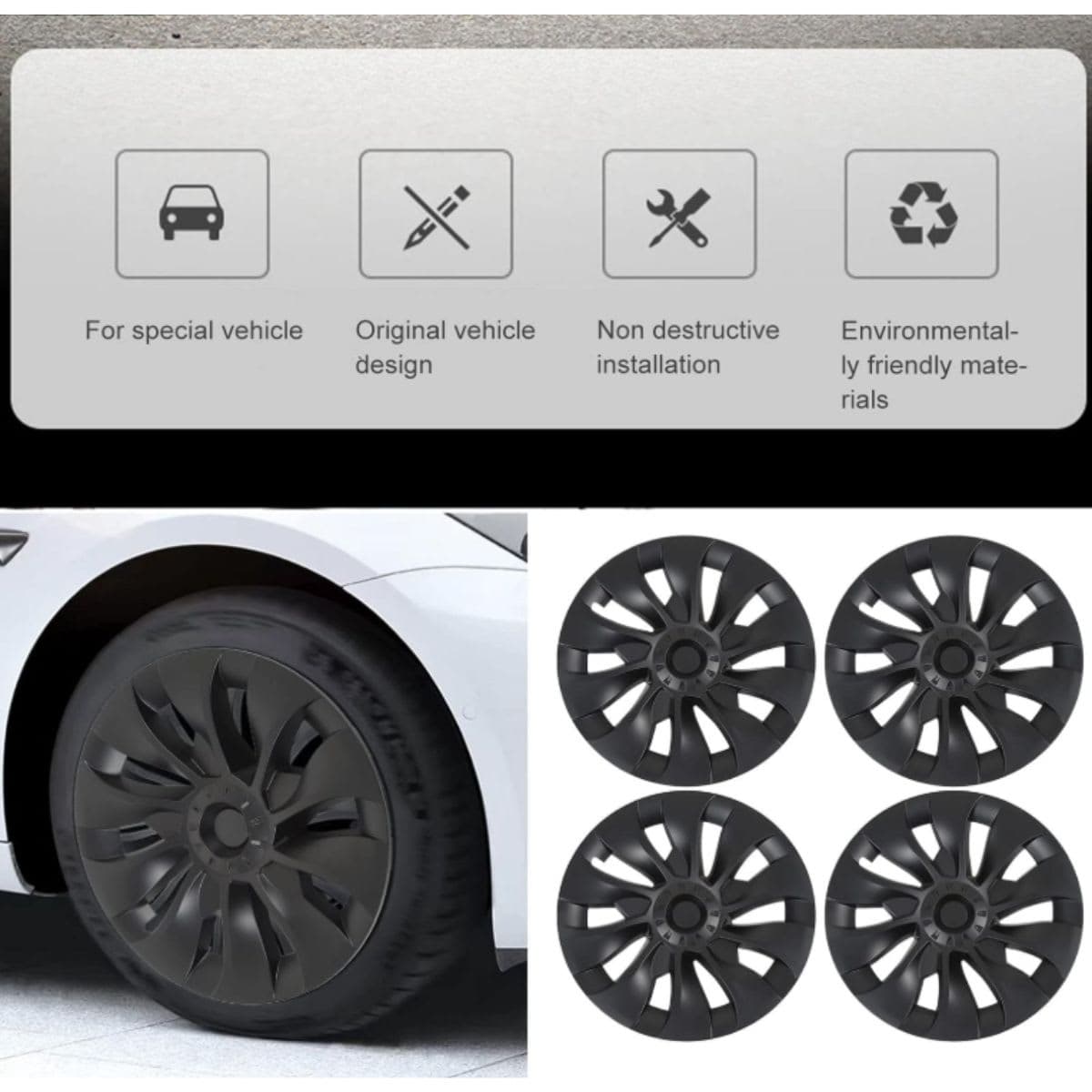 Wheel Hubcap, 4Pcs 19in Wheel Hubcap Matte Black Cool Sporty Replacement Wheel Rim Cover Wheel Cover Hubcap Wheel Hub Cap 19in Wheel Hub Cap thumbnail 3