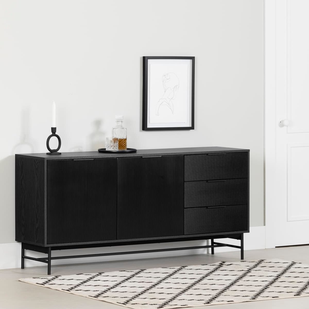 South Shore Arlo Sideboard Ash Oak and Matte Black, Mid-Century Glam thumbnail 2