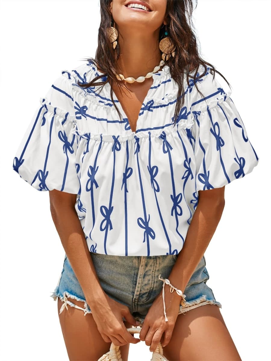 Cicy Bell Womens Summer Babydoll Tops Short Lantern Sleeve Bow Print Blouse V Neck Pleated Casual Cute Tee Shirts, White Blue, X-Large thumbnail 2