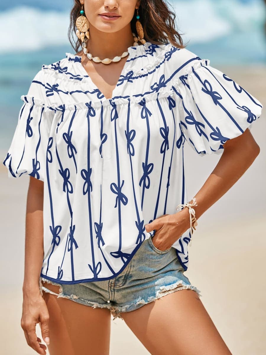 Cicy Bell Womens Summer Babydoll Tops Short Lantern Sleeve Bow Print Blouse V Neck Pleated Casual Cute Tee Shirts, White Blue, X-Large thumbnail 3
