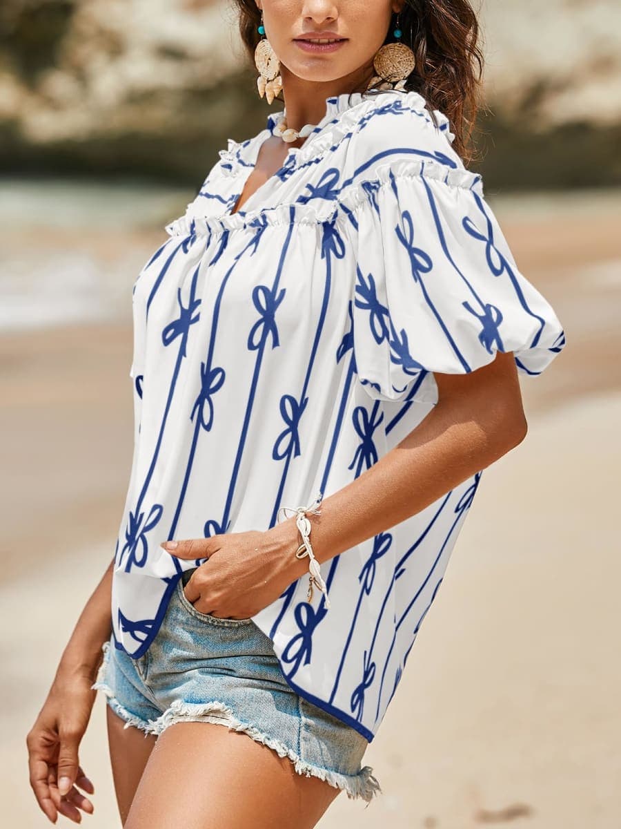Cicy Bell Womens Summer Babydoll Tops Short Lantern Sleeve Bow Print Blouse V Neck Pleated Casual Cute Tee Shirts, White Blue, X-Large thumbnail 4