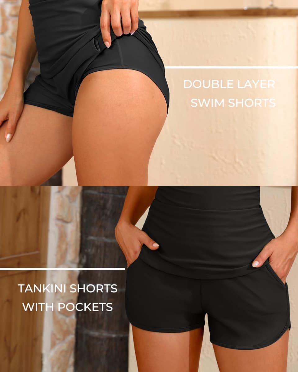 Women Tankini Swimsuits with Shorts - Two Piece Tummy Control Bathing Suits Top with Two Pockets Bottom Swimwear, Black, Large thumbnail 4