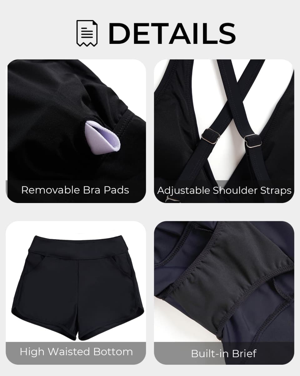 Women Tankini Swimsuits with Shorts - Two Piece Tummy Control Bathing Suits Top with Two Pockets Bottom Swimwear, Black, Large thumbnail 5