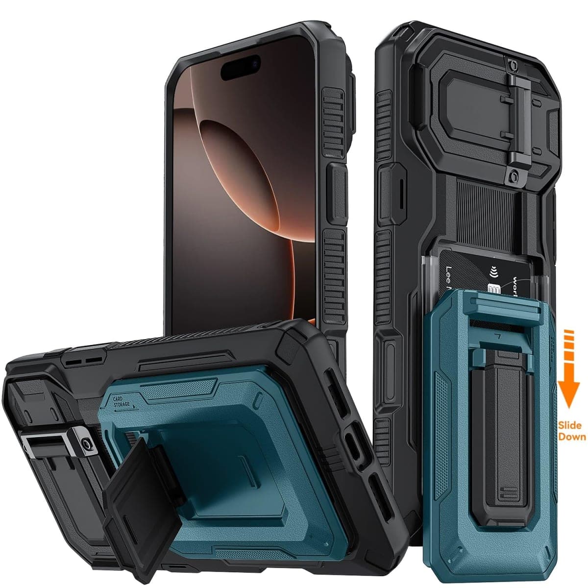 Nofnus for iPhone 16 Pro Max Case with Semi-Automatic Card Slot (3-4 Cards) RFID Blocking & Kickstand & Camera Lens Cover & Wallet, Heavy Duty Rugged Phone Case (Blue, for iPhone 16 Pro Max, 6.9") — image 1