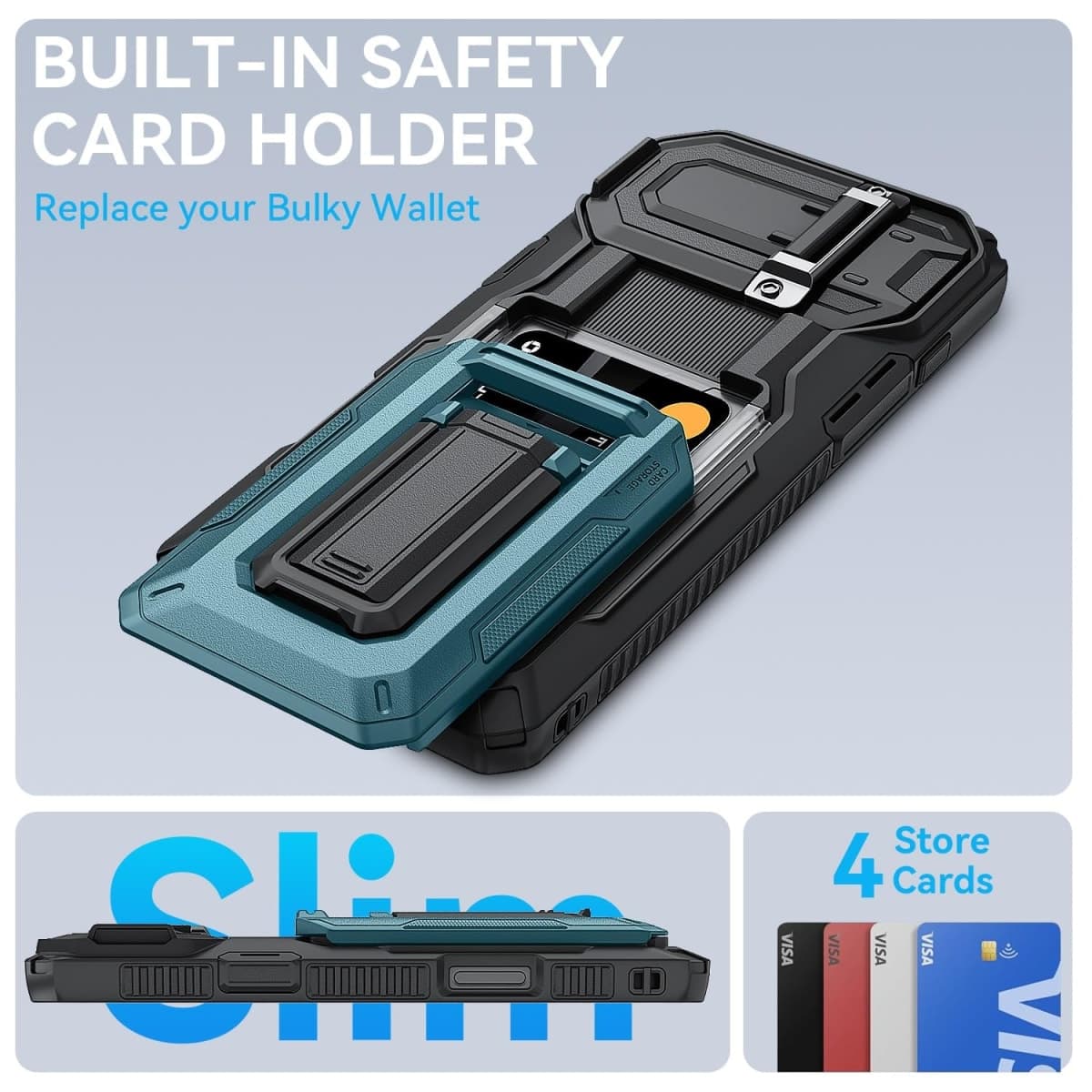 Nofnus for iPhone 16 Pro Max Case with Semi-Automatic Card Slot (3-4 Cards) RFID Blocking & Kickstand & Camera Lens Cover & Wallet, Heavy Duty Rugged Phone Case (Blue, for iPhone 16 Pro Max, 6.9") thumbnail 3