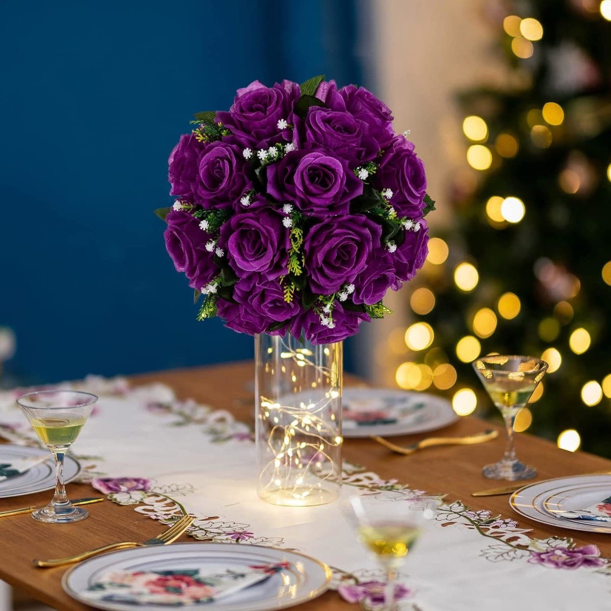 Flower Balls Wedding Rose Centerpieces: Blosmon 2 Pcs Purple Fake Flowers with Base Kissing Balls Decor Artificial Floral Arrangements Flower Bouquet of Roses Home Party Table DIY Decorations thumbnail 2