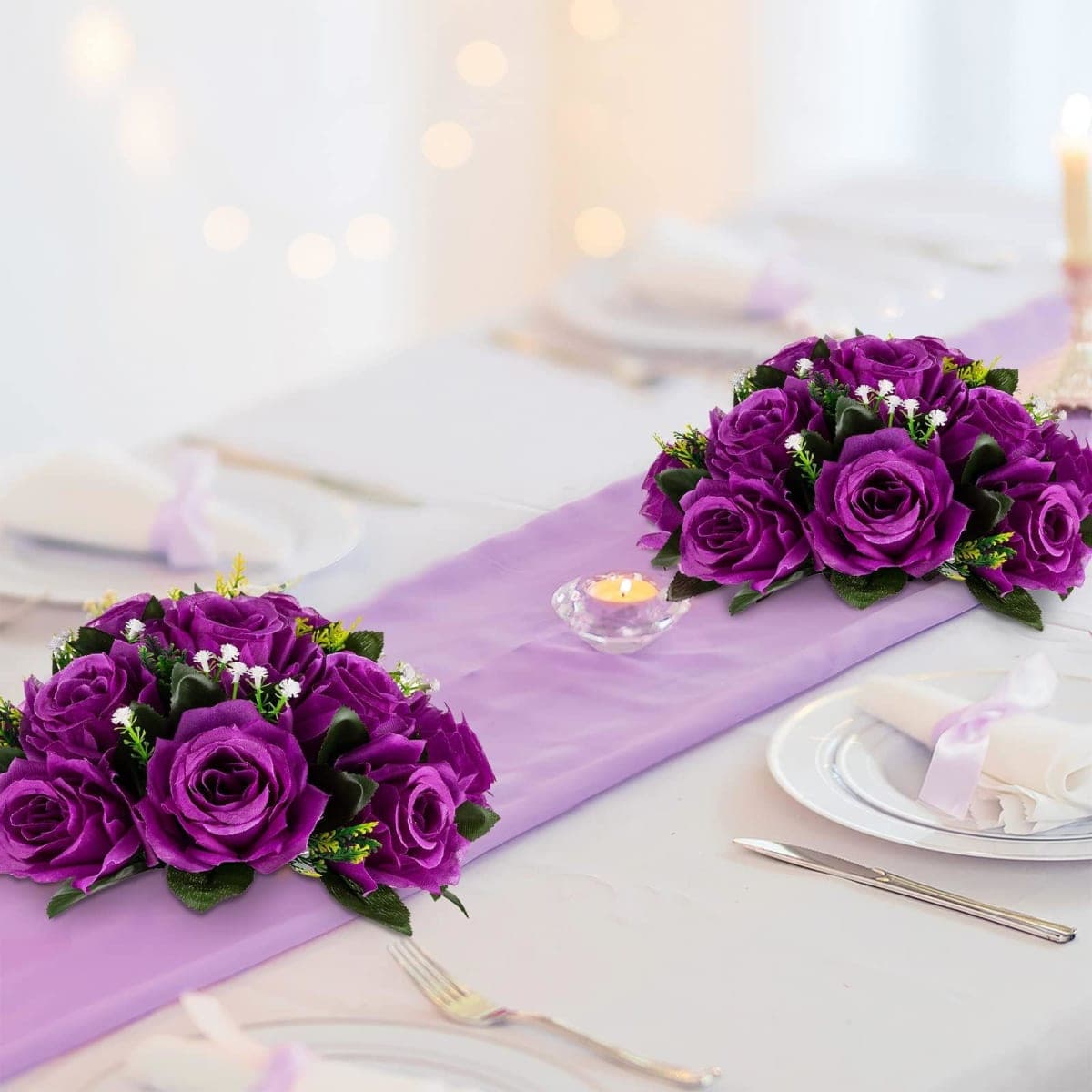 Flower Balls Wedding Rose Centerpieces: Blosmon 2 Pcs Purple Fake Flowers with Base Kissing Balls Decor Artificial Floral Arrangements Flower Bouquet of Roses Home Party Table DIY Decorations thumbnail 3
