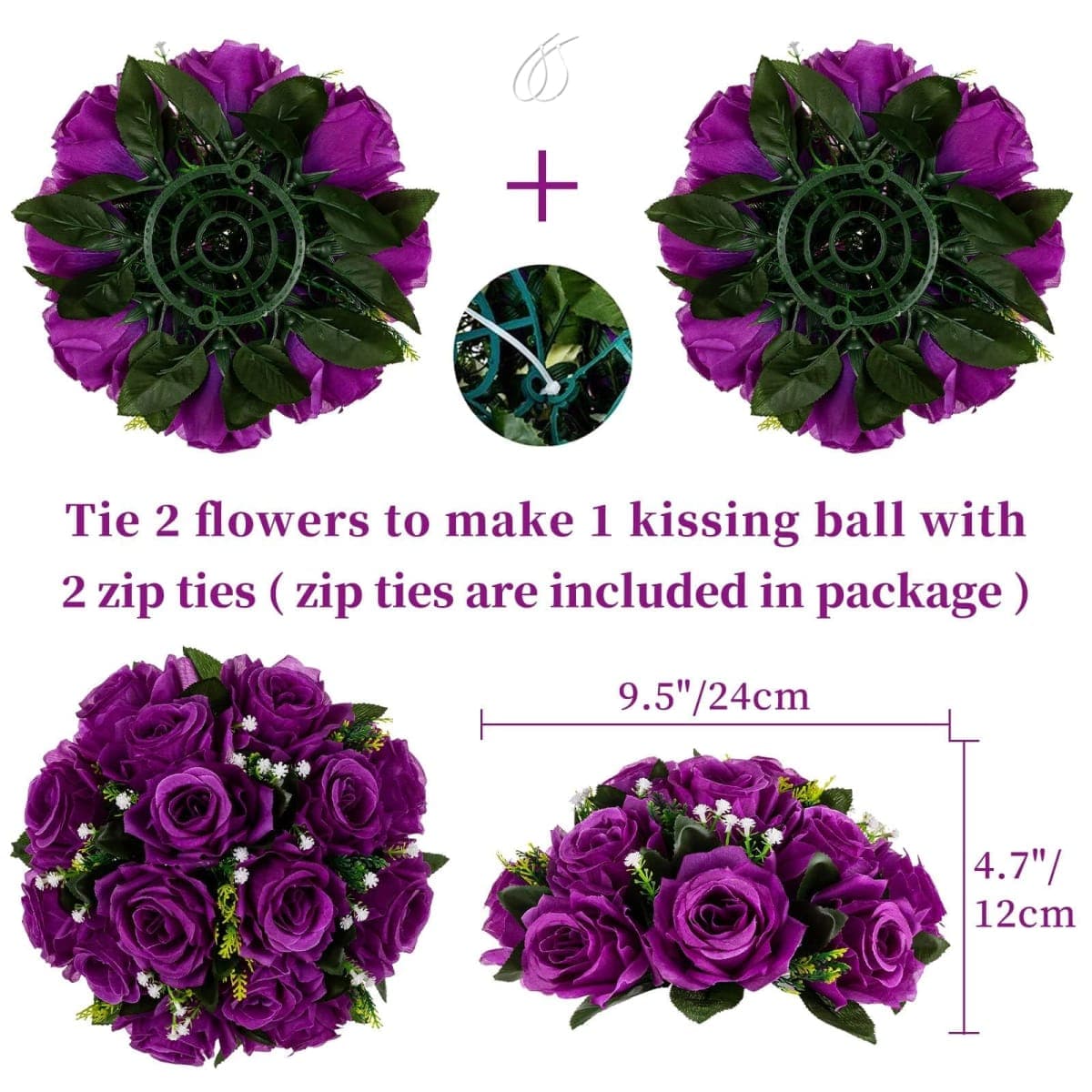 Flower Balls Wedding Rose Centerpieces: Blosmon 2 Pcs Purple Fake Flowers with Base Kissing Balls Decor Artificial Floral Arrangements Flower Bouquet of Roses Home Party Table DIY Decorations thumbnail 4