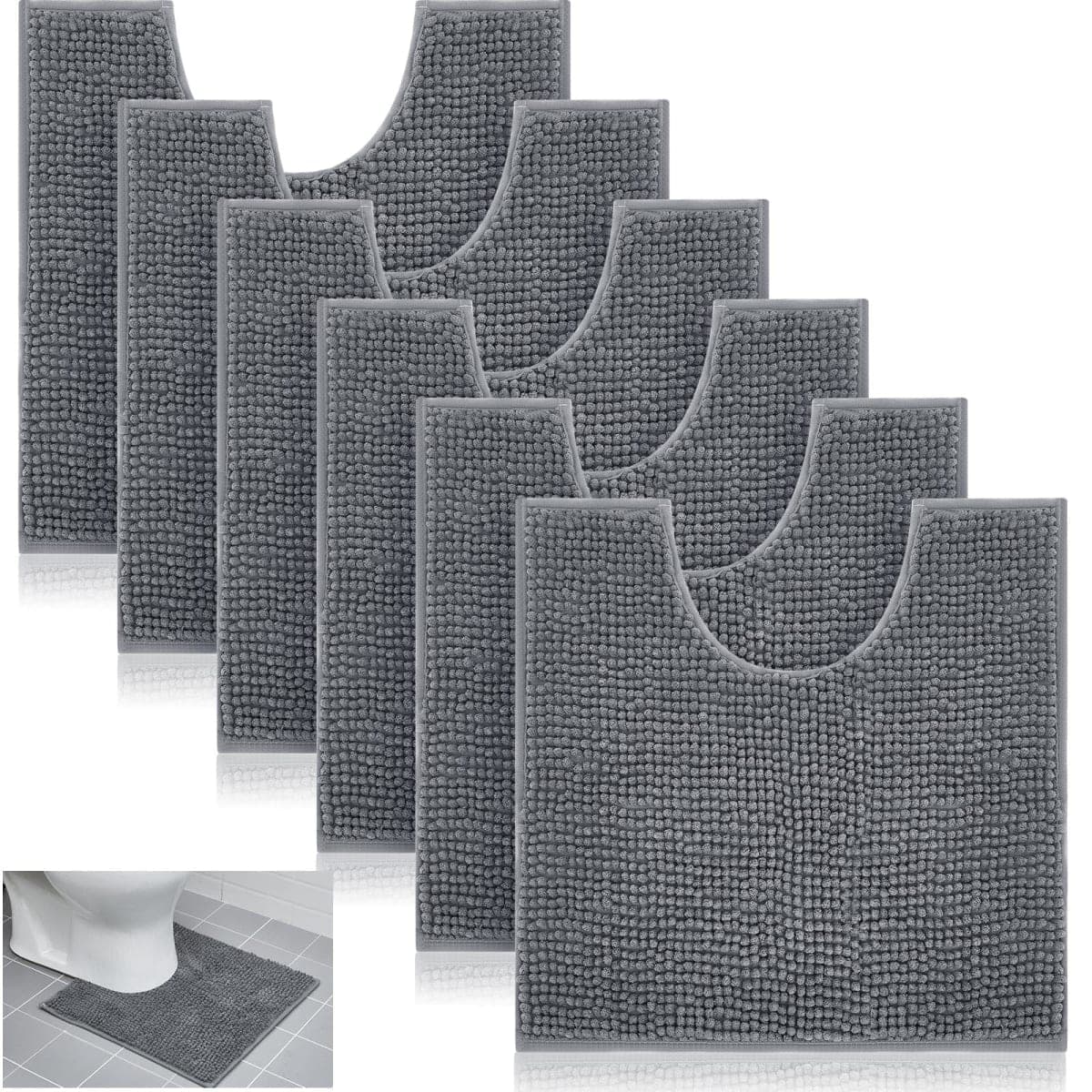 Timgle 6 Pcs U Shaped Toilet Rug 20'' x 20'' Disposable Toilet Mats 0.8'' Thick Chenille Fluffy Training Mats Disposable Non Slip Soft Absorbent Machine Washable Rug for Bath Floor Gray — image 1