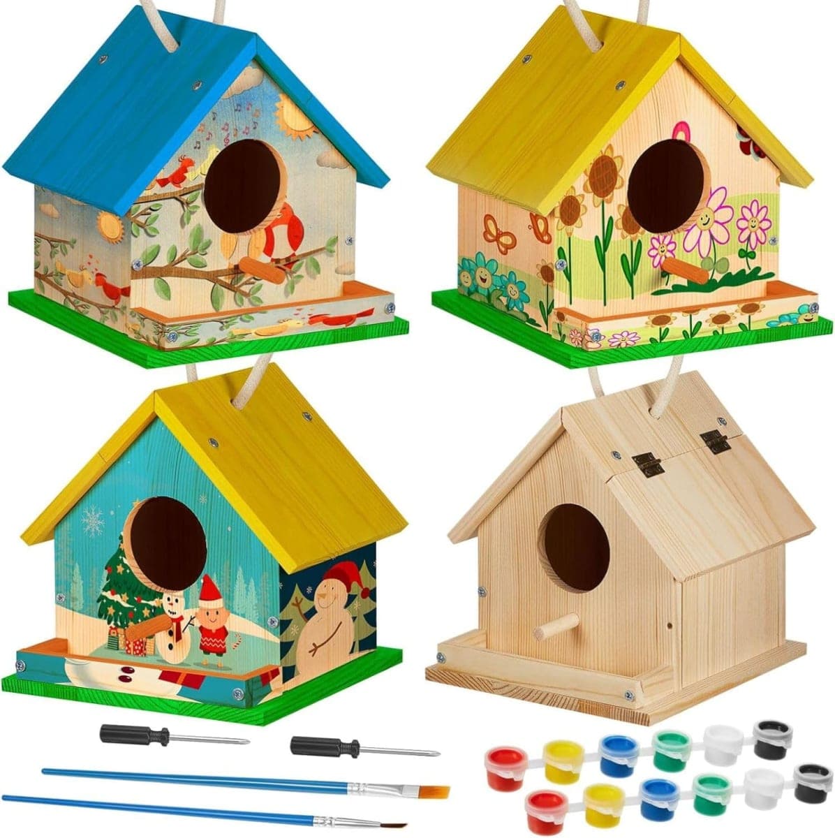 Liliful 4 Sets Wooden DIY Birdhouse Kit, Unfinished Bird Houses with Paints and Paintbrushes, Bird Feeder Craft Arts for Kids Ages 4-8, 8-12, Classroom Activity and Adults Wooden Craft Gifts — image 1