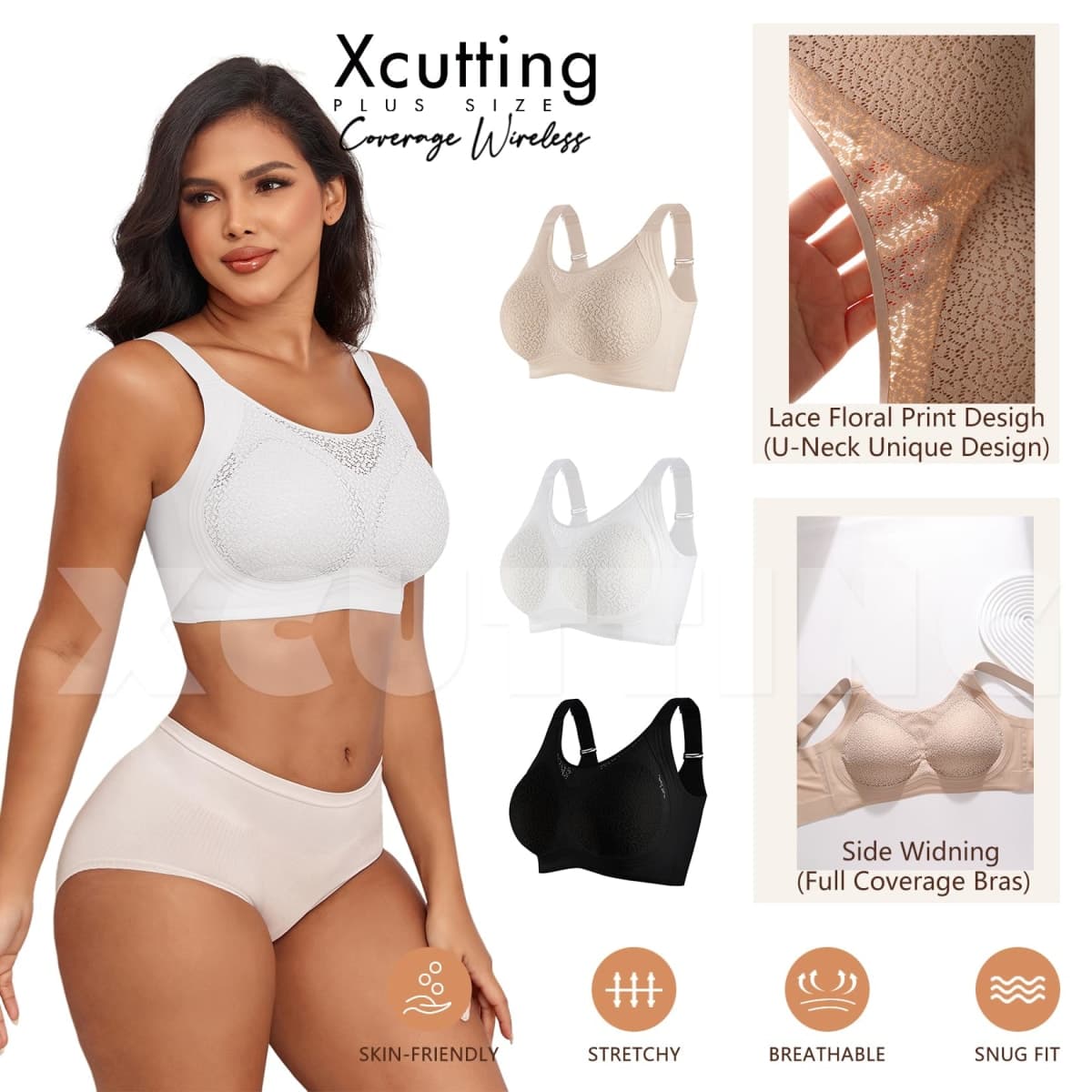 Xcutting Lace Women's Seamless No Underwire Bra Soft Wireless Comfort Bralettes Full Coverage Bralette Everyday T-Shirt Bra, White, Large thumbnail 2
