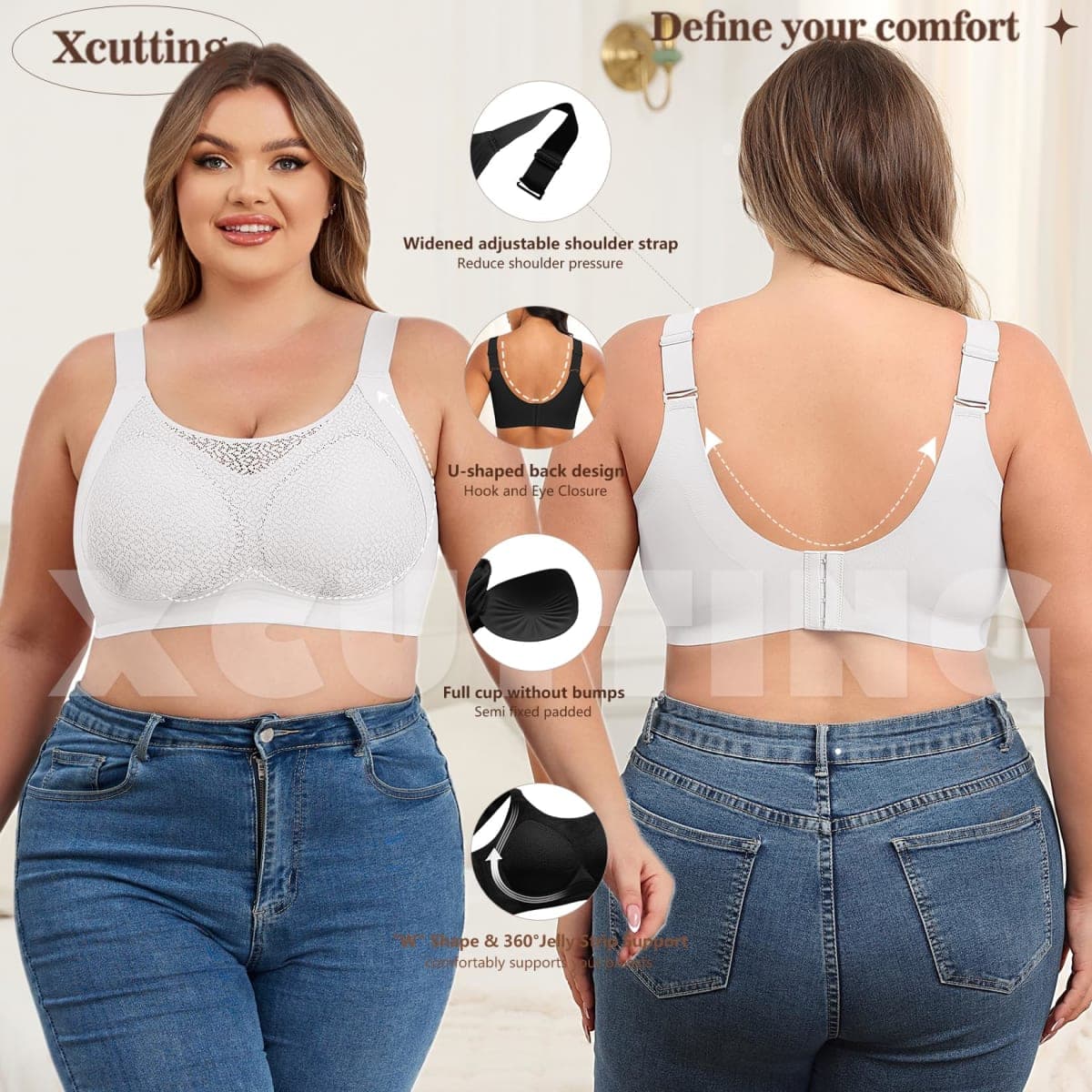 Xcutting Lace Women's Seamless No Underwire Bra Soft Wireless Comfort Bralettes Full Coverage Bralette Everyday T-Shirt Bra, White, Large thumbnail 4