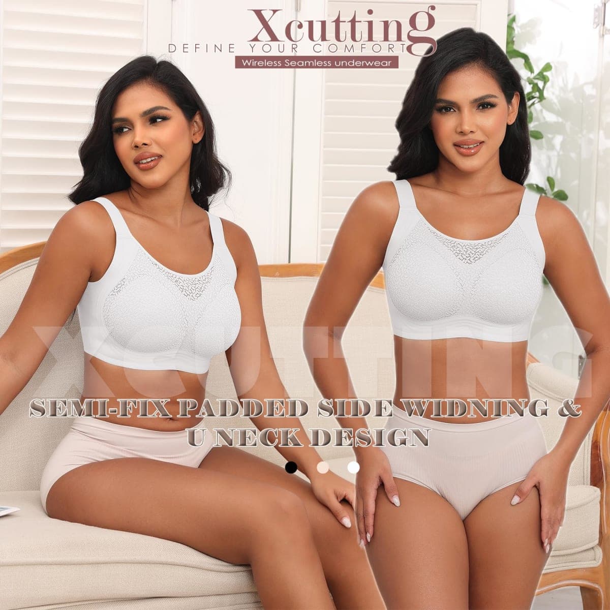 Xcutting Lace Women's Seamless No Underwire Bra Soft Wireless Comfort Bralettes Full Coverage Bralette Everyday T-Shirt Bra, White, Large thumbnail 5