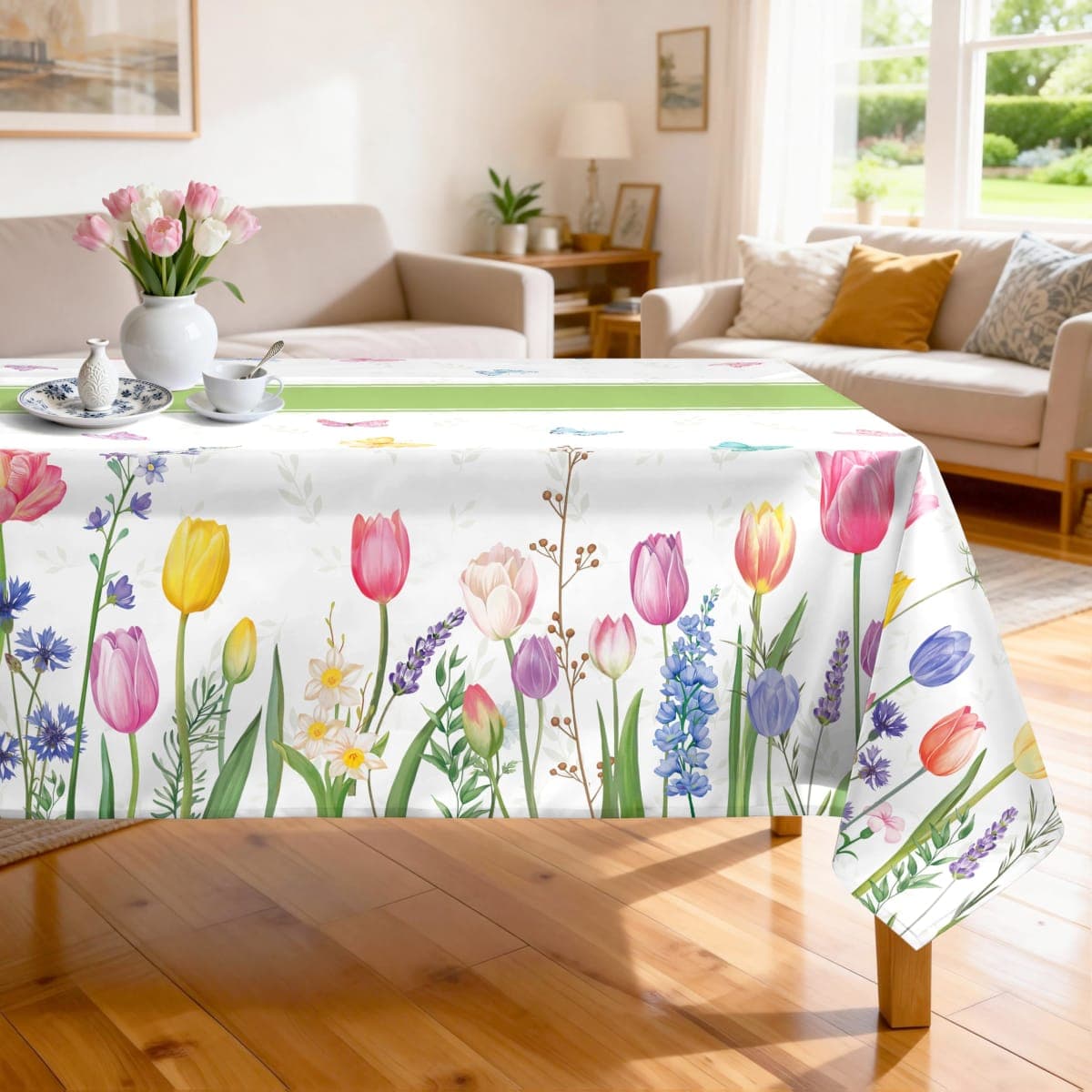 Arquiel Spring Summer Floral Tablecloth Waterproof, Tuilp Flower Table Cloth Rectangle Stain Resistant, Washable Table Cover for Party Picnic Wedding Outdoor Dining Decor (60×104 Inch) — image 1