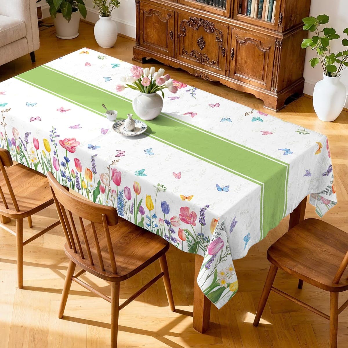 Arquiel Spring Summer Floral Tablecloth Waterproof, Tuilp Flower Table Cloth Rectangle Stain Resistant, Washable Table Cover for Party Picnic Wedding Outdoor Dining Decor (60×104 Inch) thumbnail 2