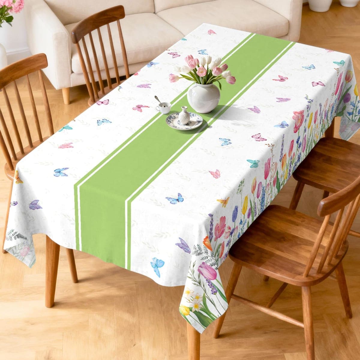 Arquiel Spring Summer Floral Tablecloth Waterproof, Tuilp Flower Table Cloth Rectangle Stain Resistant, Washable Table Cover for Party Picnic Wedding Outdoor Dining Decor (60×104 Inch) thumbnail 3
