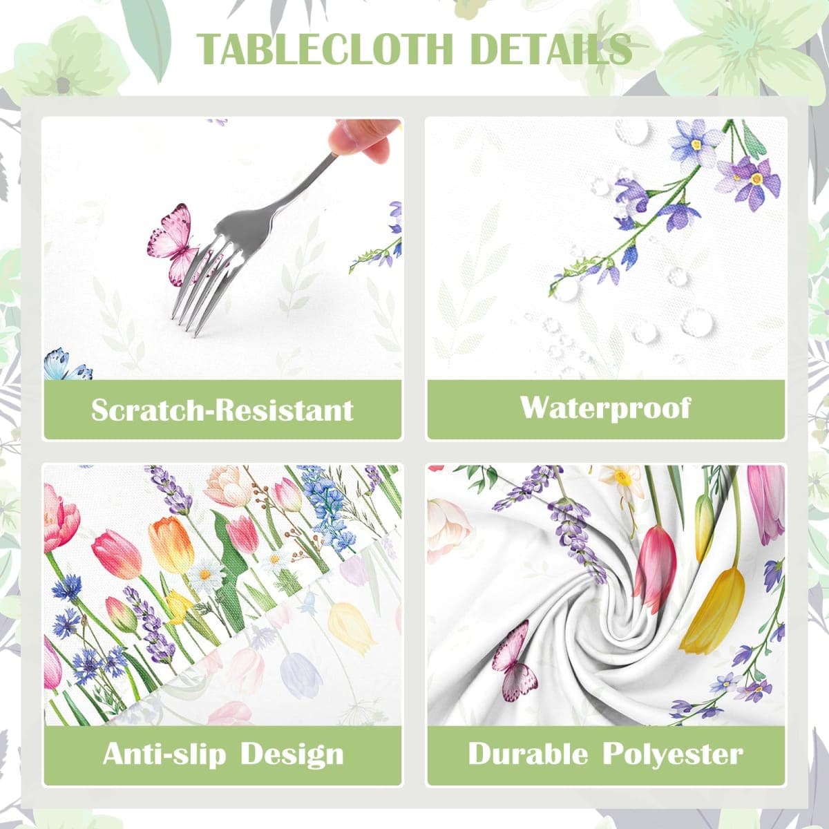Arquiel Spring Summer Floral Tablecloth Waterproof, Tuilp Flower Table Cloth Rectangle Stain Resistant, Washable Table Cover for Party Picnic Wedding Outdoor Dining Decor (60×104 Inch) thumbnail 5
