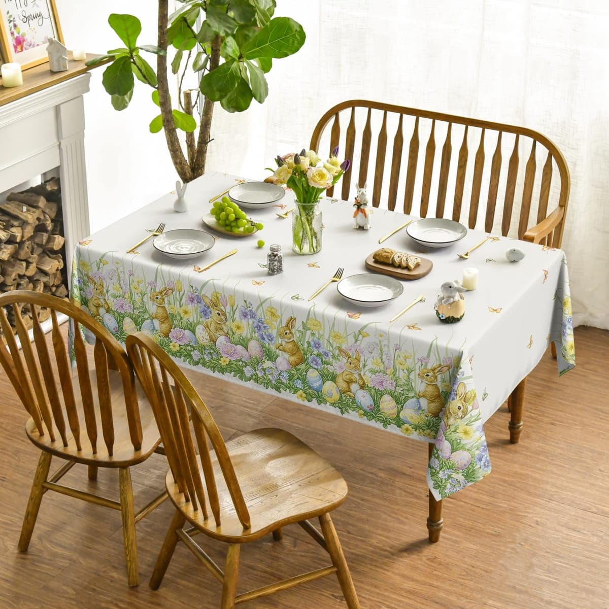 Horaldaily Easter Tablecloth 60×104 Inch Rectangular, Beige Easter Grass Bunny Egg Washable Seasonal Table Cover for Party Picnic Dinner Decor thumbnail 2