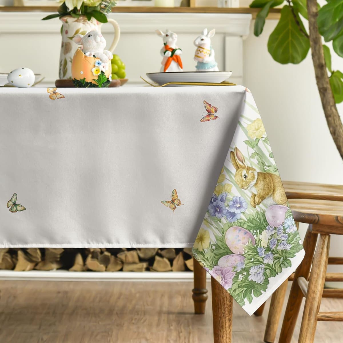 Horaldaily Easter Tablecloth 60×104 Inch Rectangular, Beige Easter Grass Bunny Egg Washable Seasonal Table Cover for Party Picnic Dinner Decor thumbnail 3